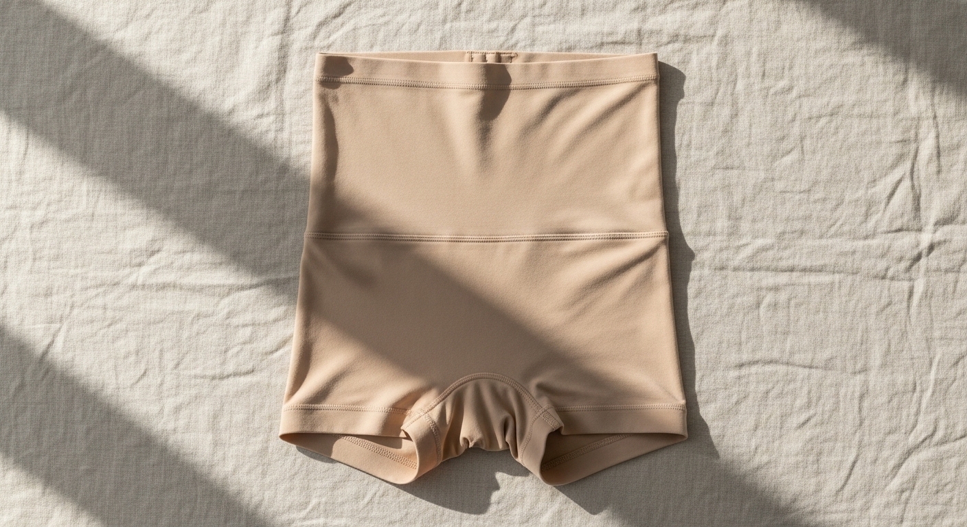 Nude high-waist compression shapewear shorts laid flat